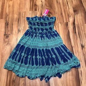 Plenty by Tracy Reese Strapless Dress Pockets Navy Teal Print Zip Back Size P